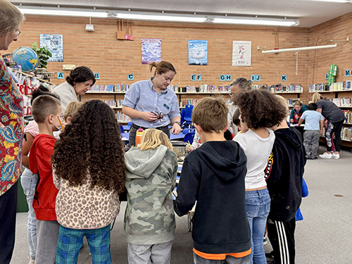 A group of students stands around a table looking at desert insects